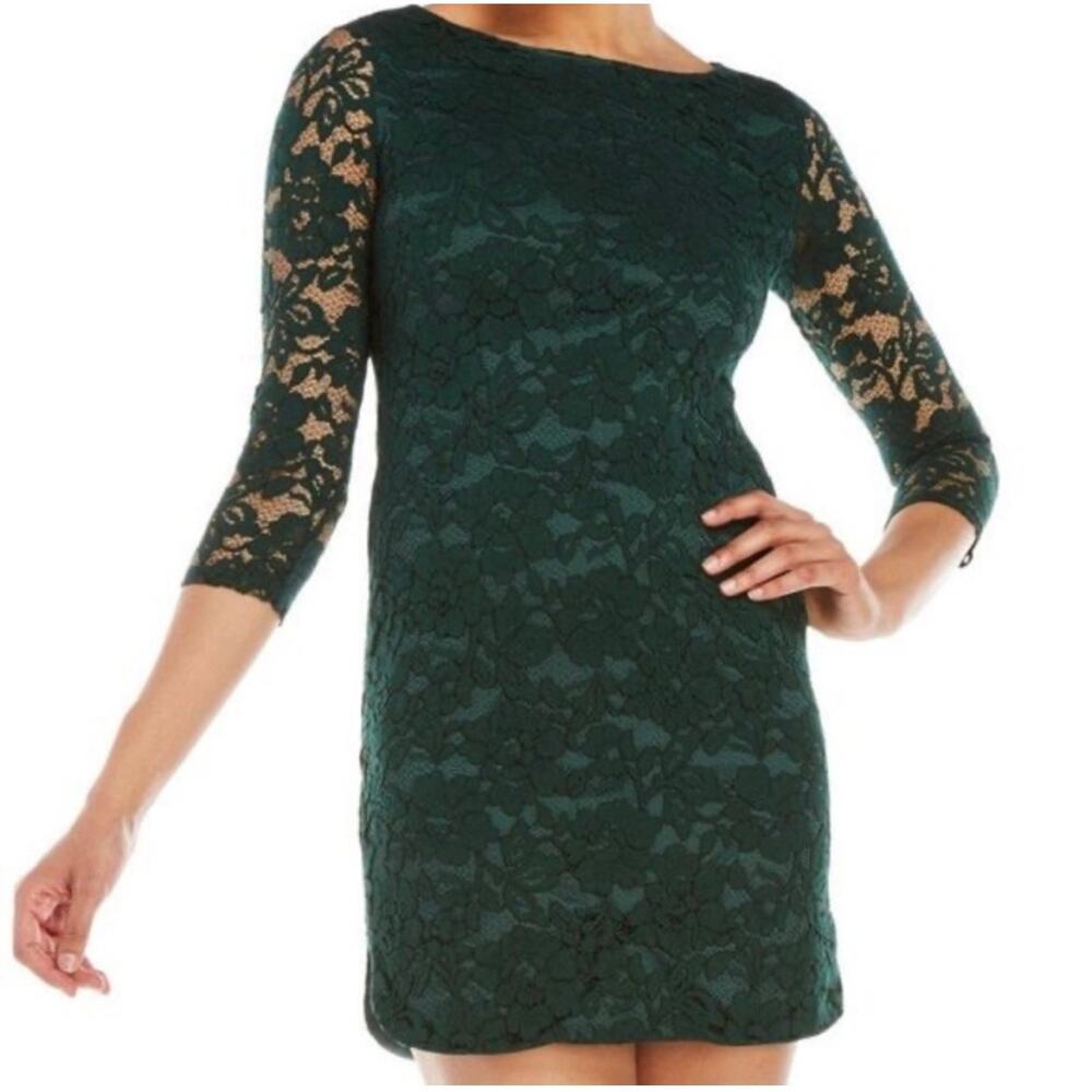 Vince Camuto Size 2 Forest Green Lace Sheath Cocktail Dress Lined Minidress